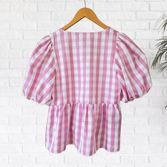 CROSBY Mollie Burch Jackie Puff Sleeve V-neck Top Medium Pink White Gingham - Picture 9 of 10